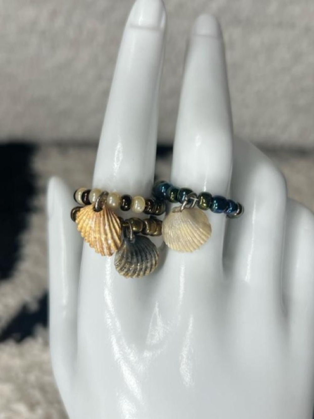 Set of 3 handmade seashell stretchy rings with beads and shells